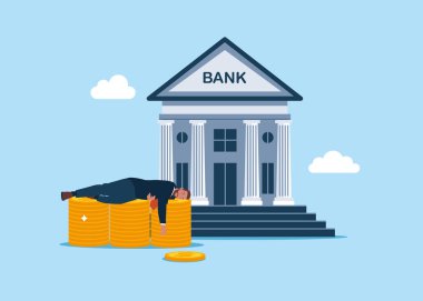 Bir para yığını ve bankada uyuyan bir iş adamı. Finans, tasarruf. Modern düz vektör illüstrasyonu