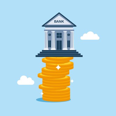 Banka kasasında bir yığın altın para var. Düz biçimli modern vektör illüstrasyonu