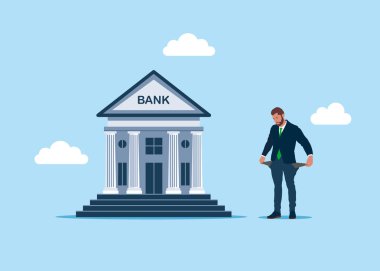 Finansal borç. Bankanın kemerini sıkması, üzgün işadamlarının parasız ceplerini göstermesi. Borç geri ödeme, taksit planı. Anlaşma bankadan borç para, ipotek, borç