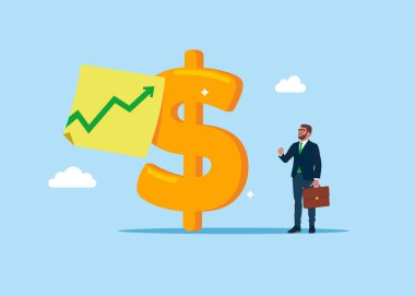 Üzerinde yeşil ok olan Amerikan para birimi sembolü dolar. Düz biçimli modern vektör illüstrasyonu