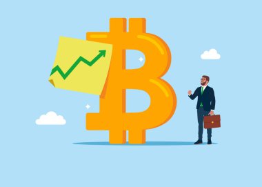 Dijital kripto para birimi sembolü Bitcoin, yapışkan notta yeşil ok var. Düz biçimli modern vektör illüstrasyonu