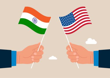 İkili siyasi ilişkiler. İki dostluk bayrağı. İş adamları Hindistan ve dost ülkeleri arasında birleşiyor. Düz vektör illüstrasyonu.