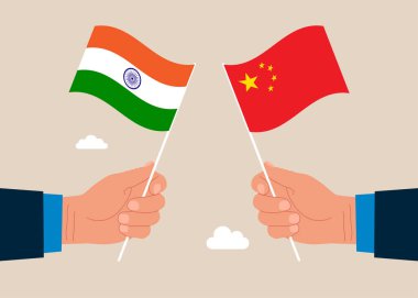 İkili siyasi ilişkiler. İki dostluk bayrağı. Hindistan ve dost ülkeleri Çin arasında birleşmiş. Düz vektör illüstrasyonu.