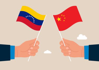 İkili siyasi ilişkiler. İki dostluk bayrağı. İş adamları, Venezuela ve dost ülkeleri Çin arasında birleştiler. Düz vektör illüstrasyonu.