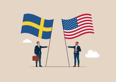 İkili siyasi ilişkiler. İki dostluk bayrağı. İş adamları, İsveç ve dost ülkeleri arasında birleşip Amerika Birleşik Devletleri oldular. Düz vektör illüstrasyonu.