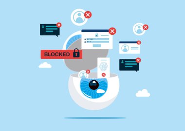 Gizli kimlik kartıyla göz küresi açık. Hacker Siber Saldırısı, Sansür. Düz biçimli modern vektör illüstrasyonu.