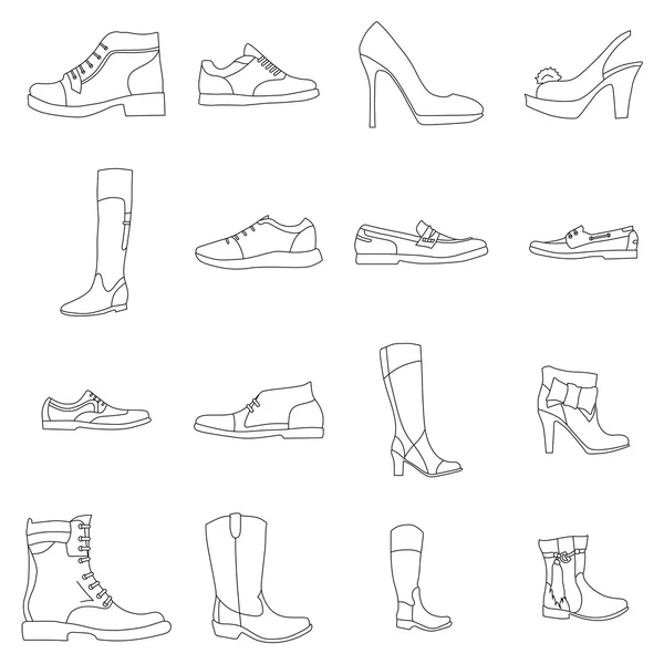 Verschiedene Arten von Schuhen. Kontur eines Bildes — Stockvektor