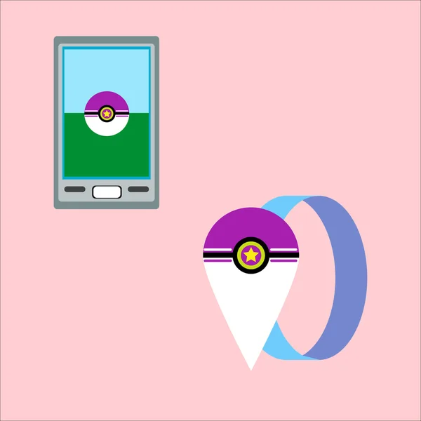 Pokeball εικονίδιο παιχνίδι σε ροζ φόντο. Ένα smartphone και ένα βραχιόλι με pokeballs. — Διανυσματικό Αρχείο