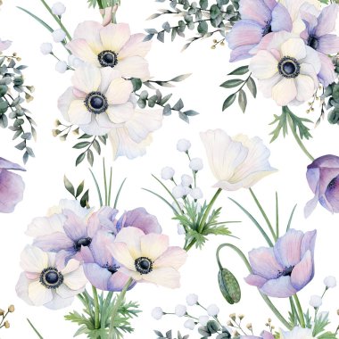 Dosyalanmış çiçekler sulu boya desenleri, mor ve beyaz şakayıklar ve çimenler. Yaban çiçekleri gelincikleri botanik tekrarlar zarif düğün için, anneler günü ve bahar çiçekli tasarımlar için.