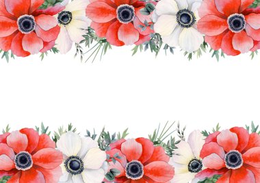 Kırmızı ve beyaz gelincikli bahar çiçeği şablonu. Romantik alan şakayıkları yatay çerçeve çizimini resmeder. Pastel bahar kartları ya da suluboya anneler günü için kır çiçekleri afişi.