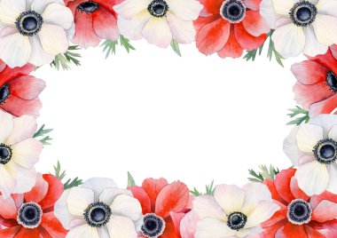 Kırmızı ve beyaz şakayık çiçekli tebrik kartları için fotokopi alanı olan yatay çerçeveli şablon. Bahar çiçekleri suluboya klip sanatı Sevgililer günü ve anneler günü A5 tasarımı.