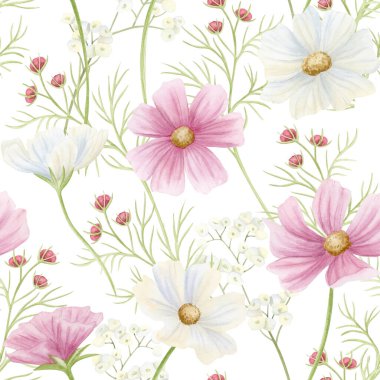 Suluboya kır çiçekleri kusursuz desen. Çiçekli el, pastel pembe ve beyaz kozmos bitkileriyle arka planda tekrar çizildi. Narin duvar kağıtları için bahar çiçekli çayır illüstrasyonu.