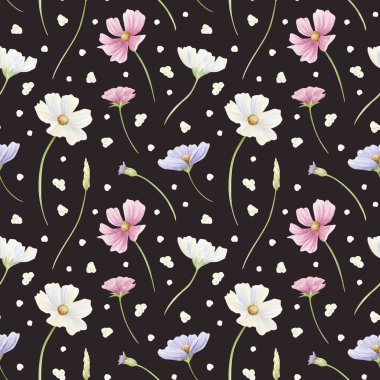 Koyu siyah üzerinde kır çiçekleri olan yaban çiçekleri. Küçük, pembe, mor ve beyaz kozmos bitkileriyle el çizimi arka plan. Hassas duvar kağıtları için çiçek açan çayır.