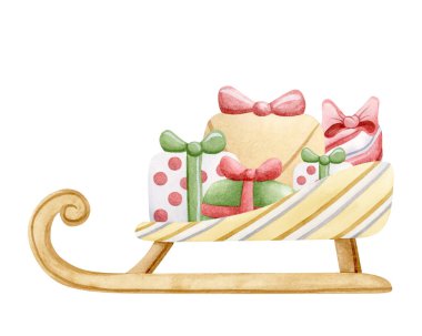 Noel hediyeli suluboya kızak elle çizilmiş izole bir resim. Çocuk yuvası tatil tasarımları için Pastel çizgi film kış klibi sanatı. Mutlu Yıllar Tasarımları için el yapımı hediyeler.