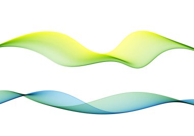 Beyaz zemin üzerinde sarı-yeşil ve mavi eğimli iki soyut doğrusal dalga kümesi.