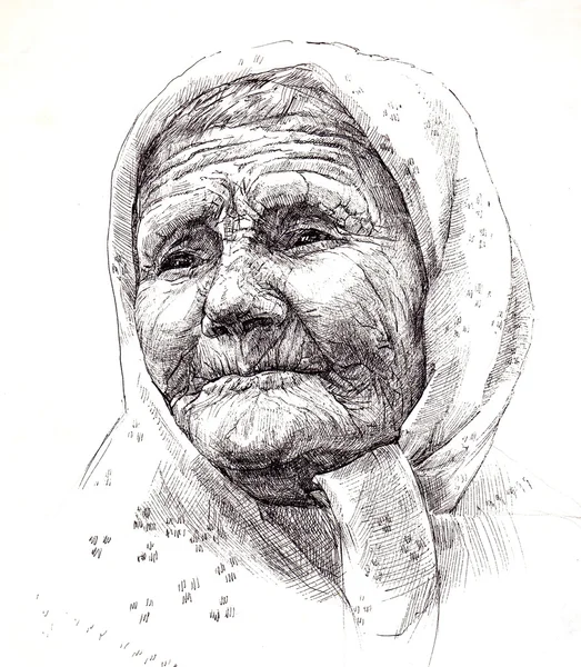 Grafisch tekenen oude grootmoeder. portret. grafische kunst — Stockfoto