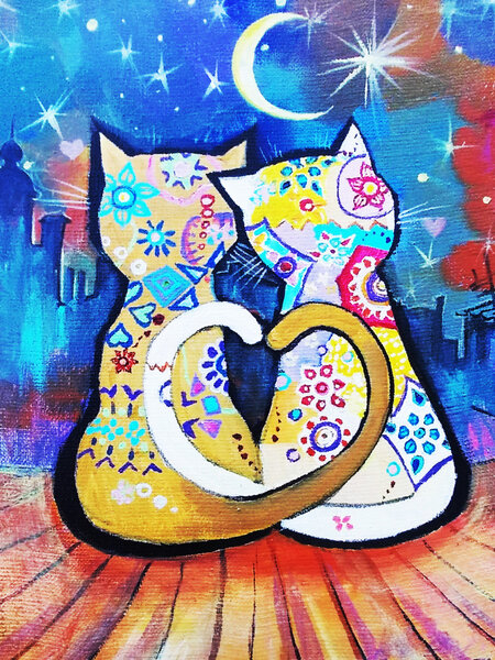 рисовать масло. День святого Валентина окрашены кошка, красивая открытка
