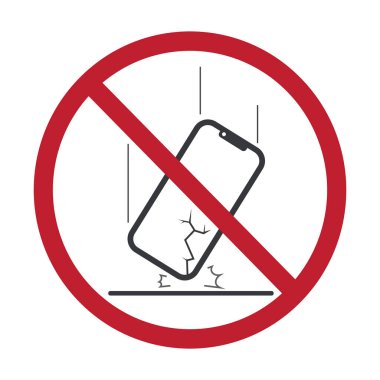 İzole edilmiş içki yasağı işareti kırık ekranlı bir akıllı telefonun yere düşüşünü gösteriyor. Hasarlı elektronik aletleri ya da telefon bakım uyarısını simgeliyor..