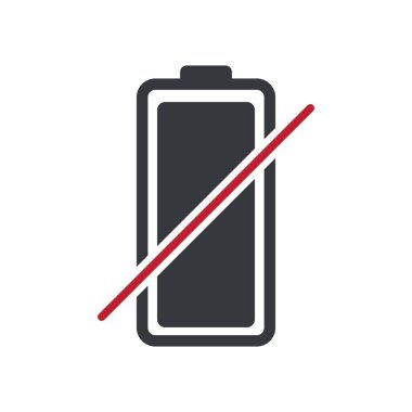 Çapraz batarya simgesinin izole edilmiş görüntüsü, hiçbir güç, pil hatası, arıza veya kullanılabilir olmayan pil fonksiyonu simgesi.