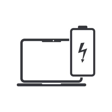 Batarya şarj eden bir dizüstü bilgisayarın izole edilmiş bir görüntüsü, kamu veya ofis alanlarında dizüstü bilgisayarın şarj edildiği sembol..