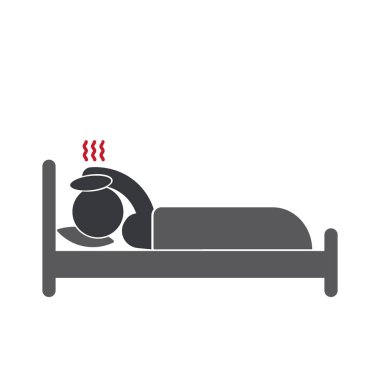 Baş kompresi, battaniye ve ısı ikonlarıyla yatakta dinlenen ateşli bir insanın izole edilmiş görüntüsü hastalık belirtilerini gösteriyor..