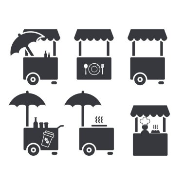 Tekerlekleri ve muşamba çatısı olan, seyyar satıcıyı ve geleneksel açık hava pazarını sembolize eden bir sokak yemeği simgesi..