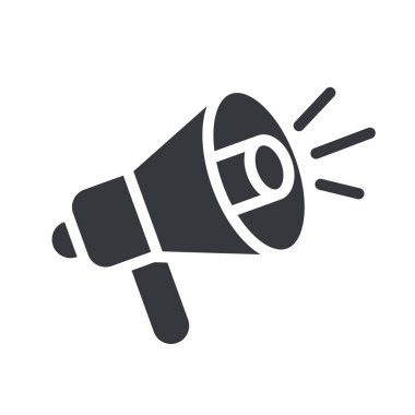 İzole edilmiş megafon sembol. Duyuru, bilgi, pazarlama, satış terfisi ve uyarı için hoparlör sembolü. Basit düz siluet tasarımı.