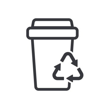 Kağıt bardakların izole edilmiş, geri dönüşüm ikonlu, çevre dostu, tek kullanımlık kağıt ve plastik bardak kullanımını temsil eden resim çizgisi..