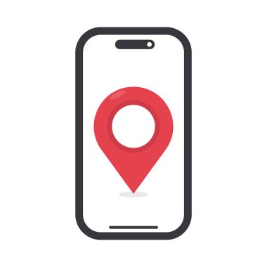 Geniş kırmızı GPS konum sembollü izole edilmiş akıllı telefon, dijital adresi temsil eden, telefonumu ve mobil navigasyon güvenliğini bul
