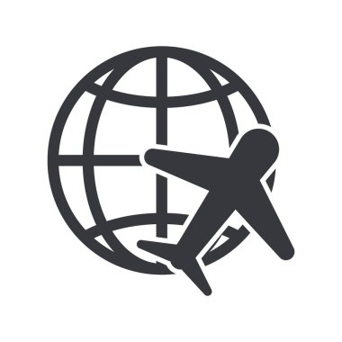 İzole edilmiş piktogram küresi, etrafında dönen uçaklar, uluslararası seyahat, turizm, havacılık, küresel bağlantı, yolculuk, macera, keşif,