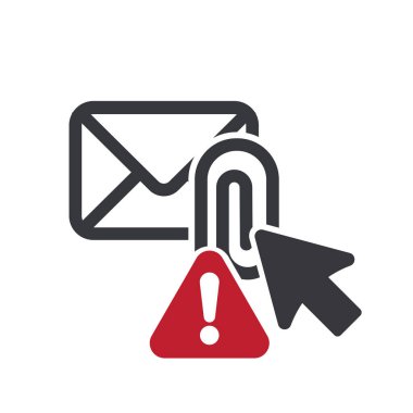 Şüpheli e-posta eklerinin açılması, siber suç tehlikesinin sembolize edilmesi, çevrimiçi dolandırıcılık riskleri ve dijital güvenlik farkındalığı için izole edilmiş resimli uyarı işareti uyarısı.