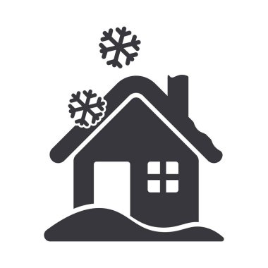 Çatısı ve zemini karla kaplı, düşen kar ikonu, kışın, aralığın ve Noel tasarımının sembolü olan izole edilmiş bir ev resmi..