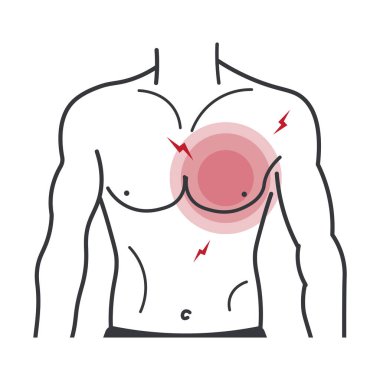 Göğüs ağrısını, olası kalp krizi belirtilerini ve ciddi tıbbi durumları temsil eden acı içinde göğsü tutan kişinin izole bir tasviri.