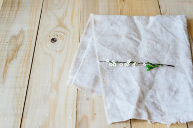 ahşap arka plan çiçek açan şube erkeçsakalı üzerinde Üstten Görünüm