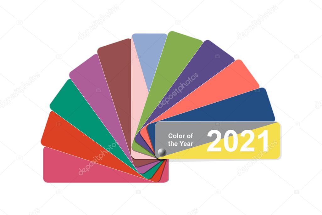 Ultimate Gray and Illuminating colors, change color of the year to 2021, fanned colour palette sample swatch book guide, paper, plastic fan coloring bridge wheel, stock vector illustration clipart