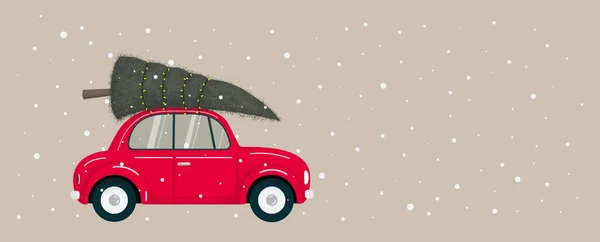 Çatıda Yeşil Noel Ağacı Olan Retro Kırmızı Araba Düz Desenli — Stok Vektör