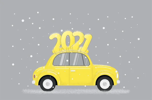 Carro Retro Amarelo Com 2021 Texto Telhado Moda Moderna Iluminando — Vetor de Stock