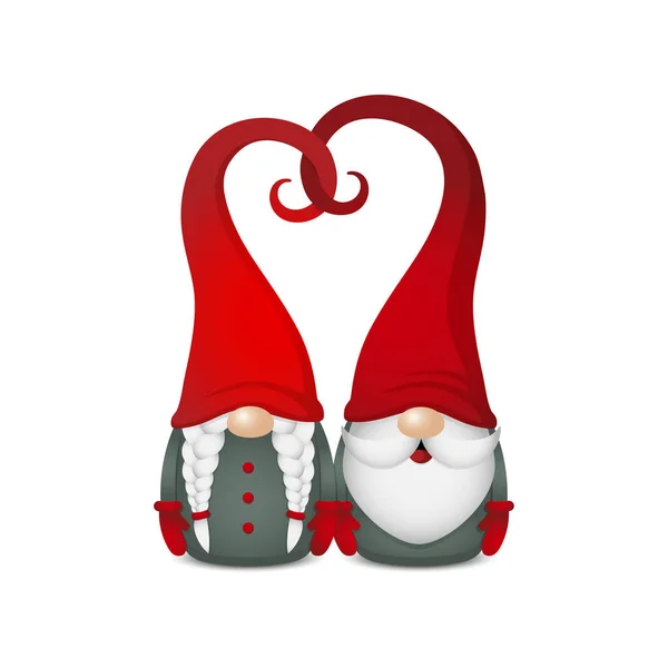 Dois Gnomos Escandinavos Com Chapéus Vermelhos Forma Coração Bonito Casal — Vetor de Stock