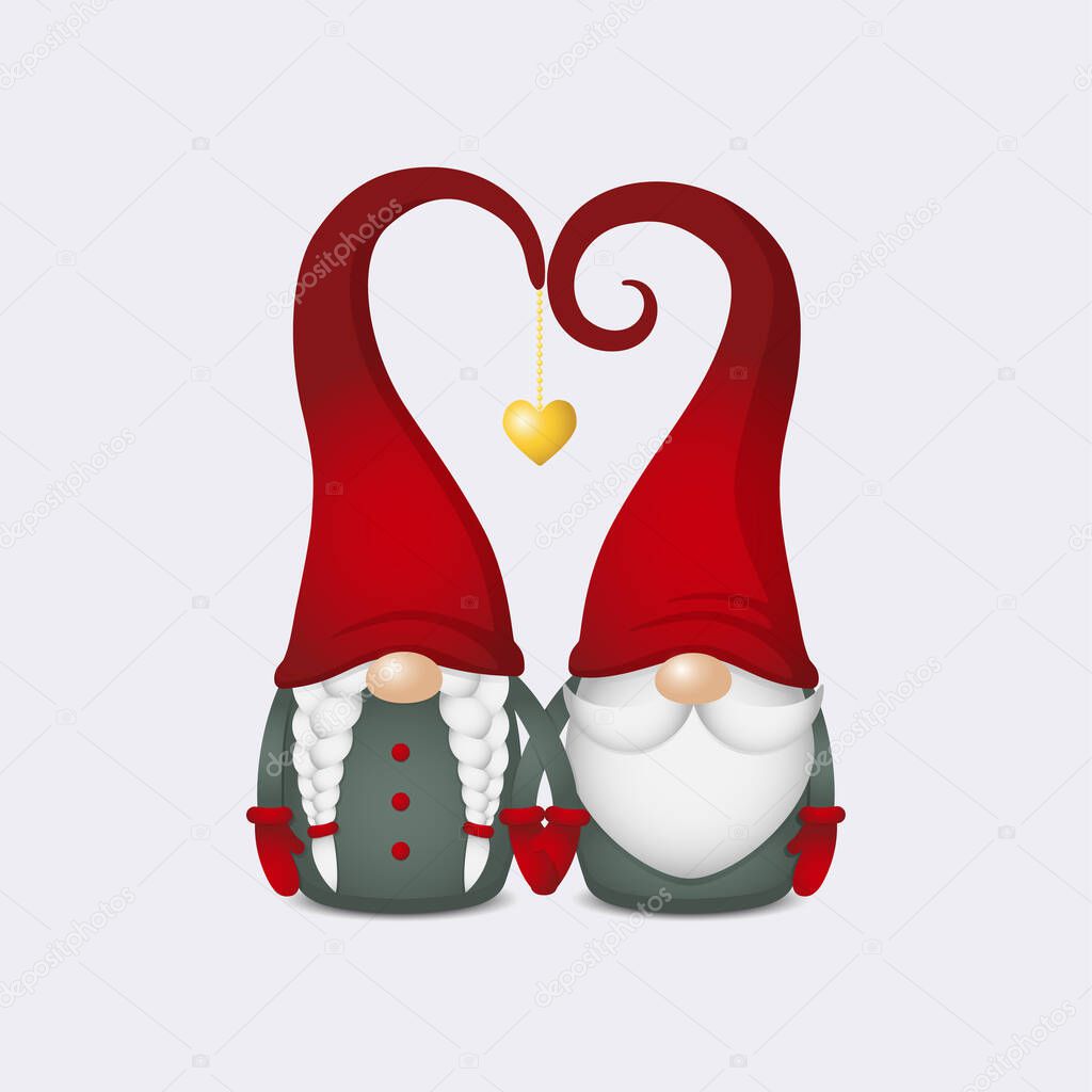 two scandinavian gnomes with red hats in heart shape with gold heart hold hands, cute nordic tomte couple, stock vector illustration character clipart for design