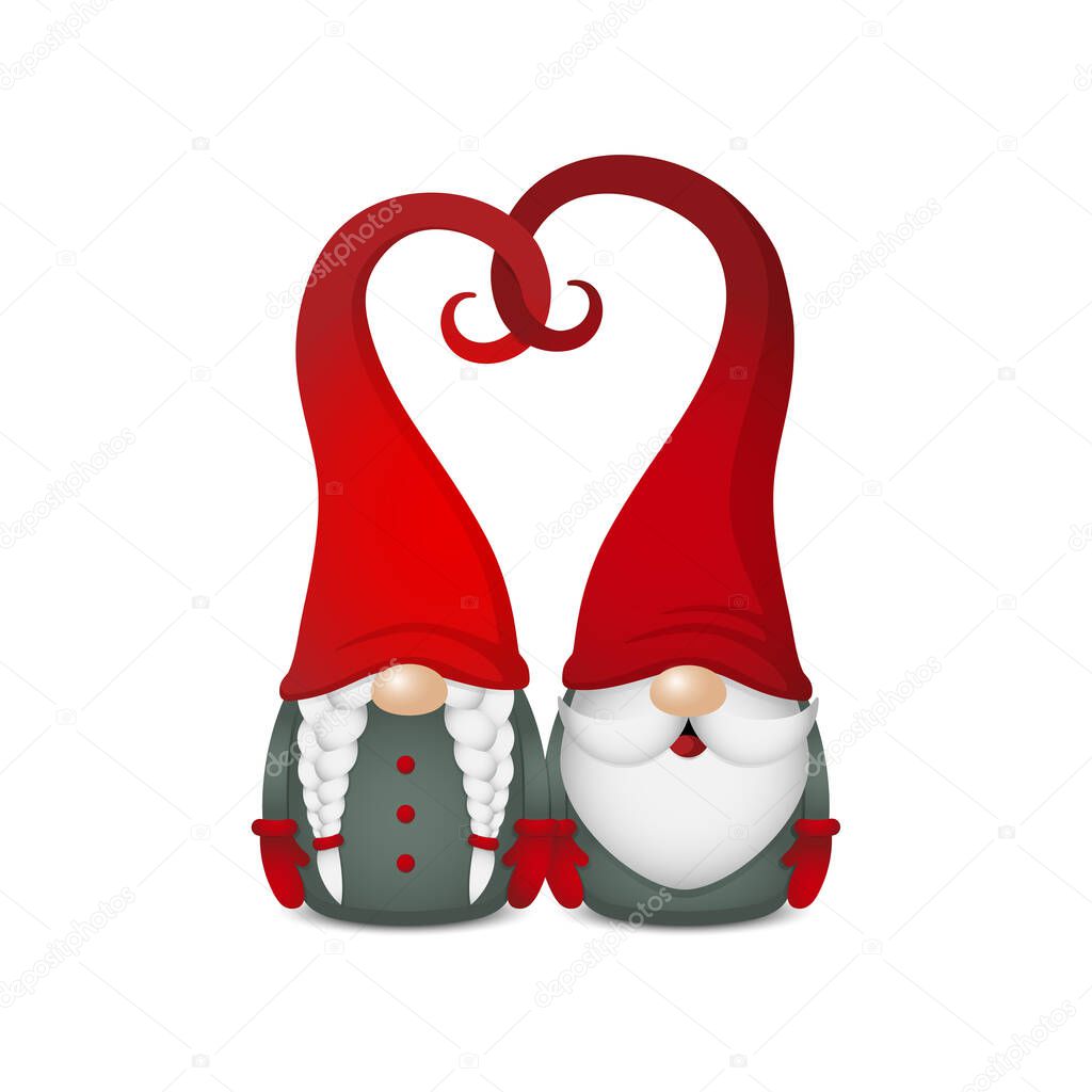 two scandinavian gnomes with red hats in heart shape, cute nordic tomte couple, stock vector illustration character clip art isolated on white background for card, banner, poster design