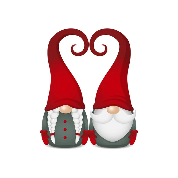 Deux Gnomes Scandinaves Vêtements Verts Mitaines Rouges Chapeaux Forme Coeur — Image vectorielle