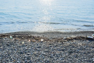 Çöp, çöp, çöp, kırık ağaç dalları, çakıl taşlı deniz sahilleri, çevre koruma konsepti, yatay yaşam tarzı fotoğraf çekimi arka planı