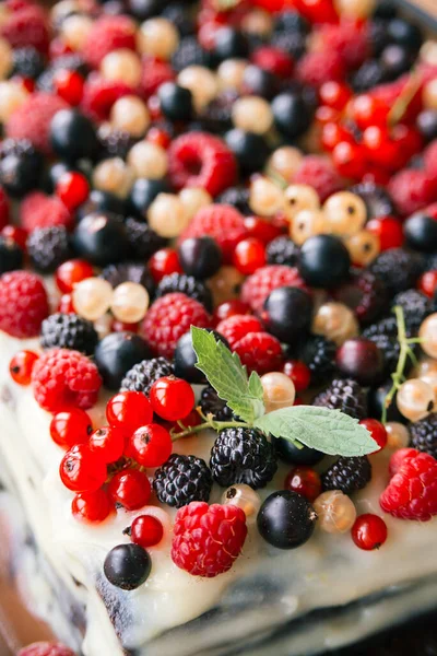 Bakery Cream Cake Fresh White Red Black Forest Garden Raspberries — Stock Photo, Image