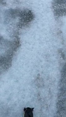 Arjantin, Patagonya 'daki Perito Moreno Buzulu' nun dokulu mavi ve beyaz buz yüzeyinde yürürken metal kramponlar takan bir bota bakarken çekilmiş bir bakış açısı. Yüksek kalite 4k görüntü