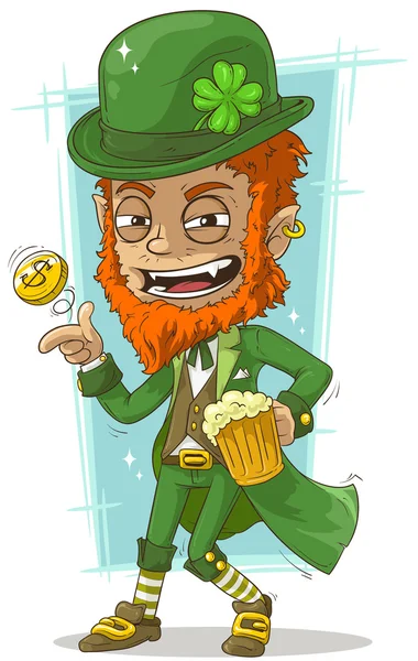 Cartoon leprechaun with gold coin and beer — Stock Vector