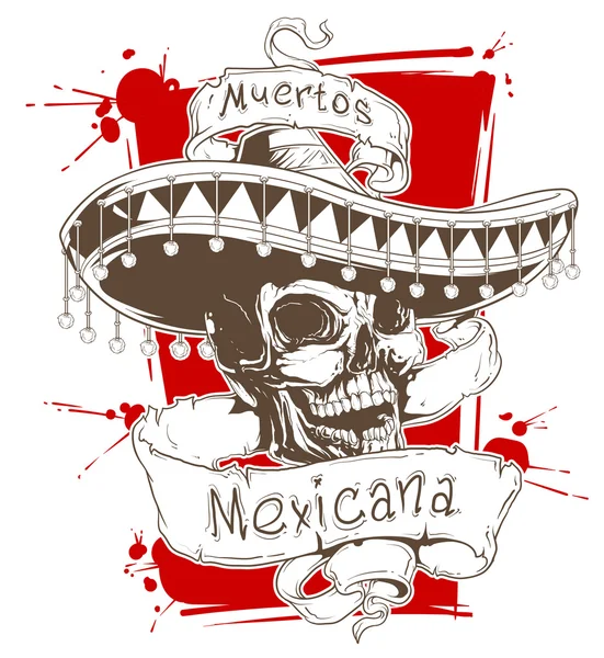 Calavera mexicana en sombrero con cintas — Archivo Imágenes Vectoriales