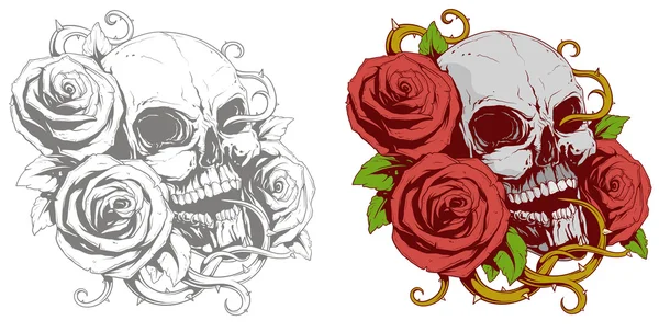 Tatuagem de crânio humano com rosas vermelhas —  Vetores de Stock