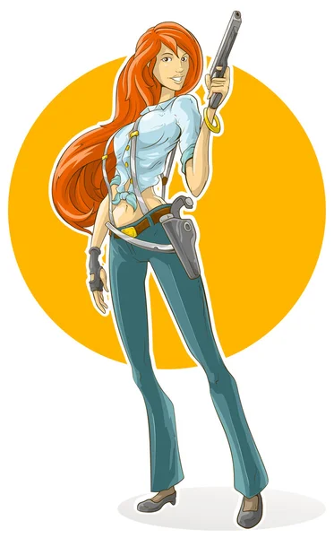 Cartoon pretty detective girl with gun — Stock Vector