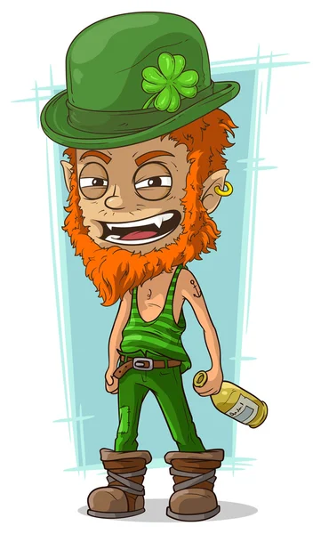 Dessin animé leprechaun méchant ivre avec bouteille — Image vectorielle