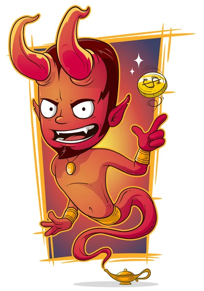 Dessin animé djinn rouge maléfique avec pièce d'or — Image vectorielle